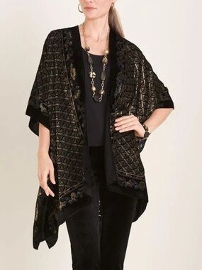 Chicos Ruana Wrap Burnout Velvet Velour Kimono One Size Black Gold Geometric